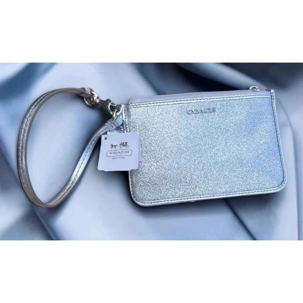 Coach Silver Metallic Glitter Leather Zip Legacy‎ Wristlet Clutch Phone Pouch